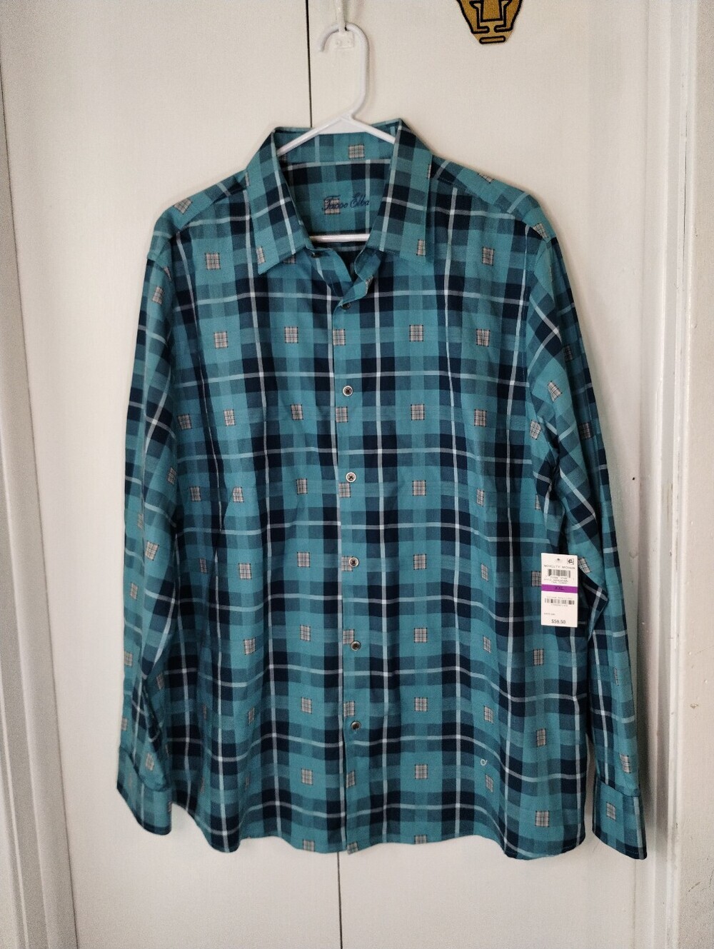 Tasso Elba Teal and Navy Plaid Button-Down Shirt